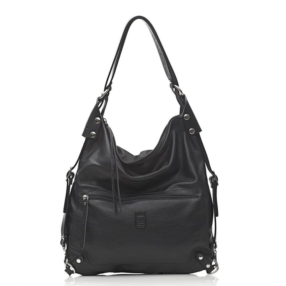 Everyday Black Leather Slouch Hobo Backpack